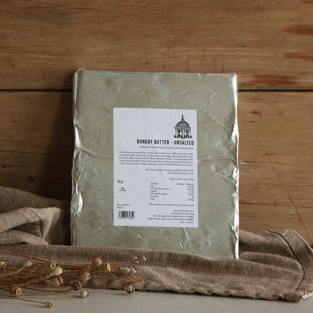 Unsalted. Our Bungay Raw Cultured Butter, from our own happy herd of grass-fed Montbéliarde and Friesian cows. Made by Fen Farm Dairy