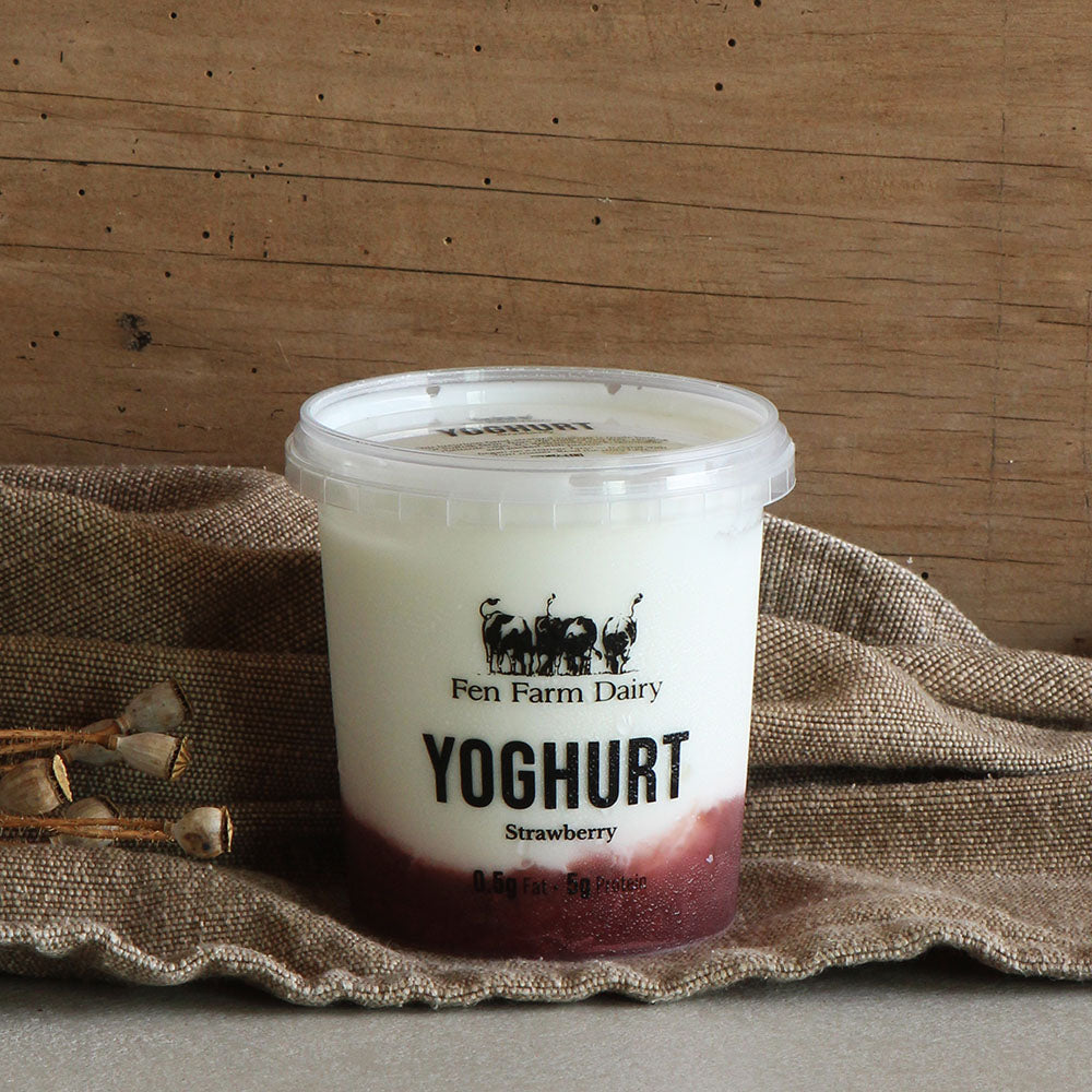 A 400g pot of our handmade farmhouse yoghurt, with a thick layer of delicious England Preserves strawberry conserve.