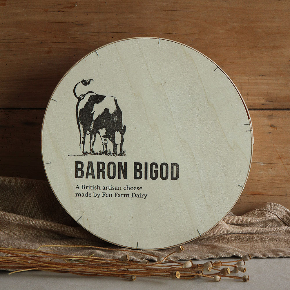 Our farmhouse Brie style cheese (approximately 3kg), handmade at Fen Farm from our own grass-fed Montbéliarde cows milk. Your cheese will be hand wrapped in wax paper and packed in its own beautiful wooden box.