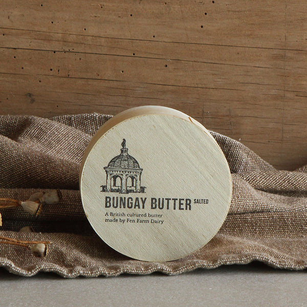 Our Bungay Raw Cultured Butter, from our own happy herd of grass-fed Montbéliarde and Friesian cows. Made by Fen Farm Dairy