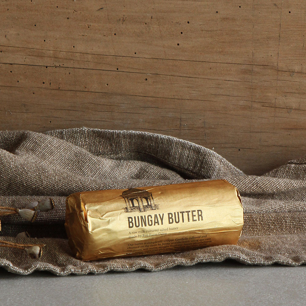 Our Bungay Raw Cultured Butter, from our own happy herd of grass-fed Montbéliarde and Friesian cows. Made by Fen Farm Dairy