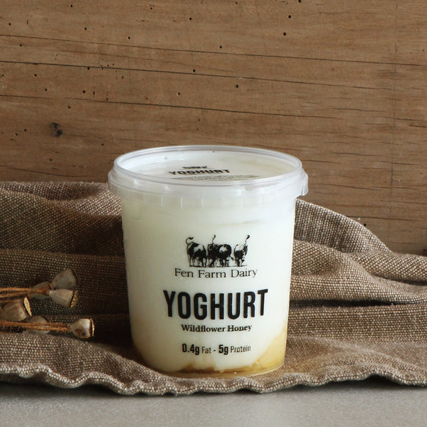 A 400g pot of our handmade farmhouse yoghurt, with a thick layer of local Suffolk honey.

Our yoghurt is virtually fat free, made with skimmed milk and naturally loaded with protein.